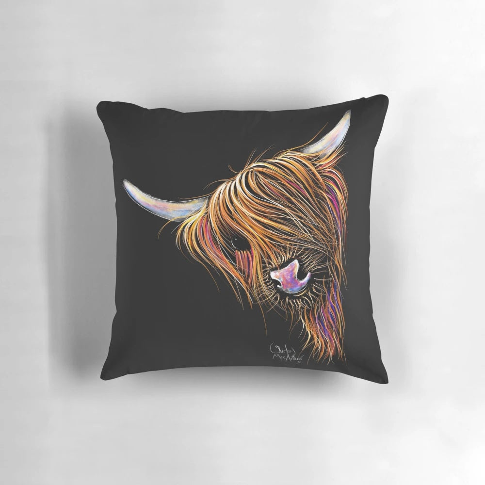 A vibrant and whimsical cow print throw pillow featuring a Scottish Highland 'Noodles' cow in a soft, neutral color palette.