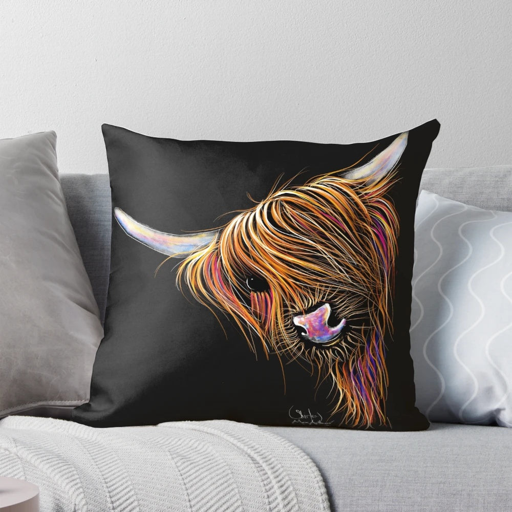 A vibrant and whimsical cow print throw pillow featuring a Scottish Highland 'Noodles' cow in a soft, neutral color palette.