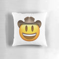 Decorative throw pillow featuring a smiley face emoji design in a cowboy hat