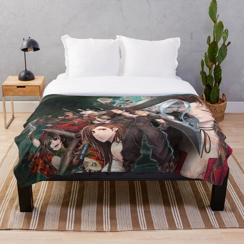 Crisis Core inspired plush blanket with characters Sephiroth, Aerith, and Tifa