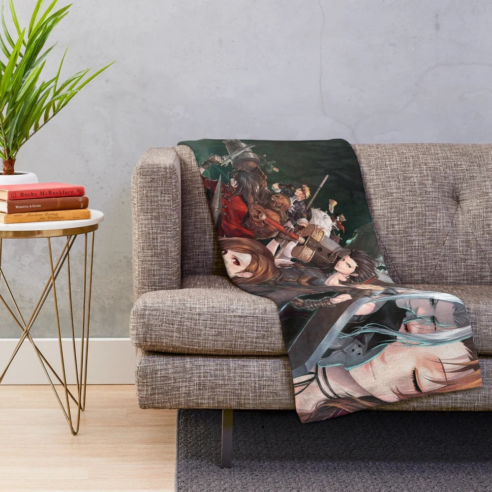 Crisis Core inspired plush blanket with characters Sephiroth, Aerith, and Tifa