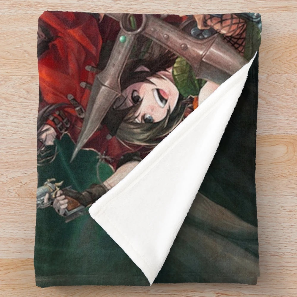 Crisis Core inspired plush blanket with characters Sephiroth, Aerith, and Tifa