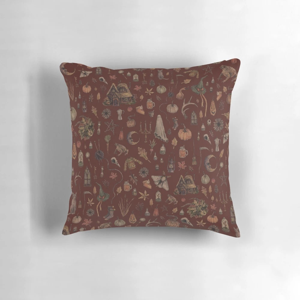Cozy Crone Witch Pillow - Decorative Autumn Pillow with Occult and Cottagecore Motifs