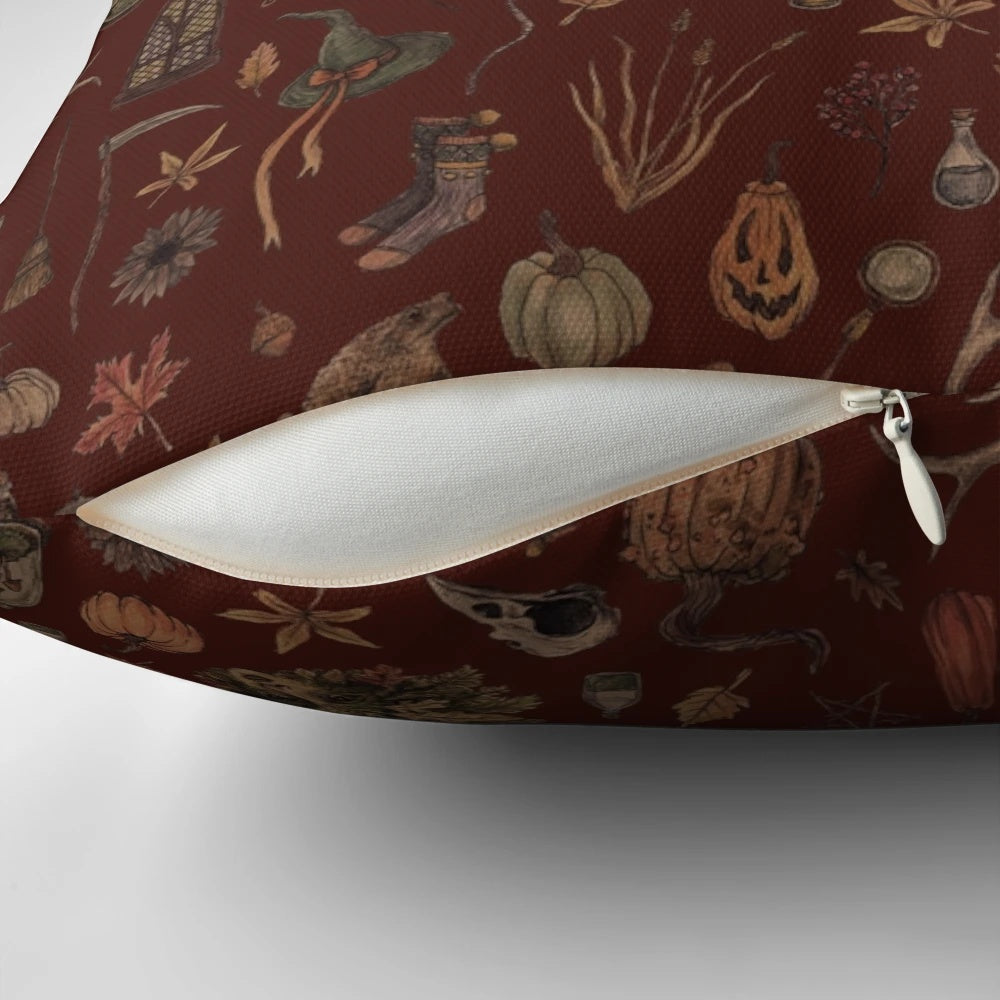 Cozy Crone Witch Pillow - Decorative Autumn Pillow with Occult and Cottagecore Motifs