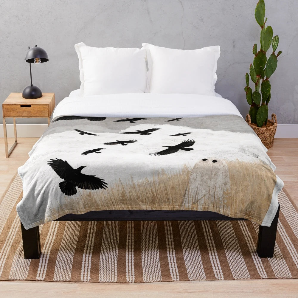 Plush blanket featuring crows and autumn nature imagery
