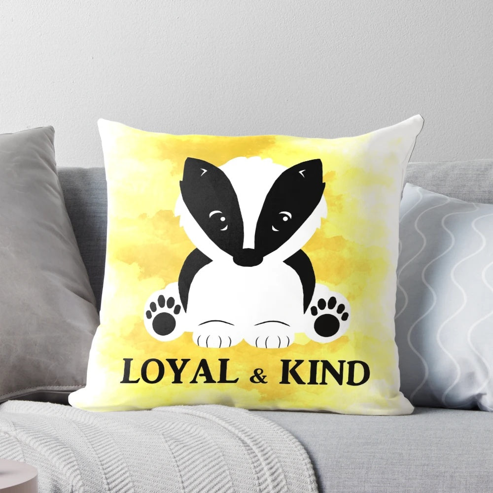 A soft, plush pillow featuring a cute badger design, perfect for fans of the Harry Potter universe.