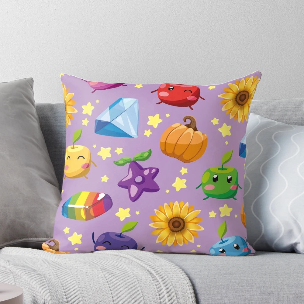 Adorable Junimos from Stardew Valley printed on a soft, plush pillow with pastel colors.