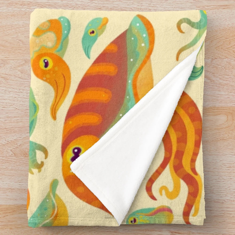 Cuttlefish plush blanket featuring a cute, colorful cephalopod design