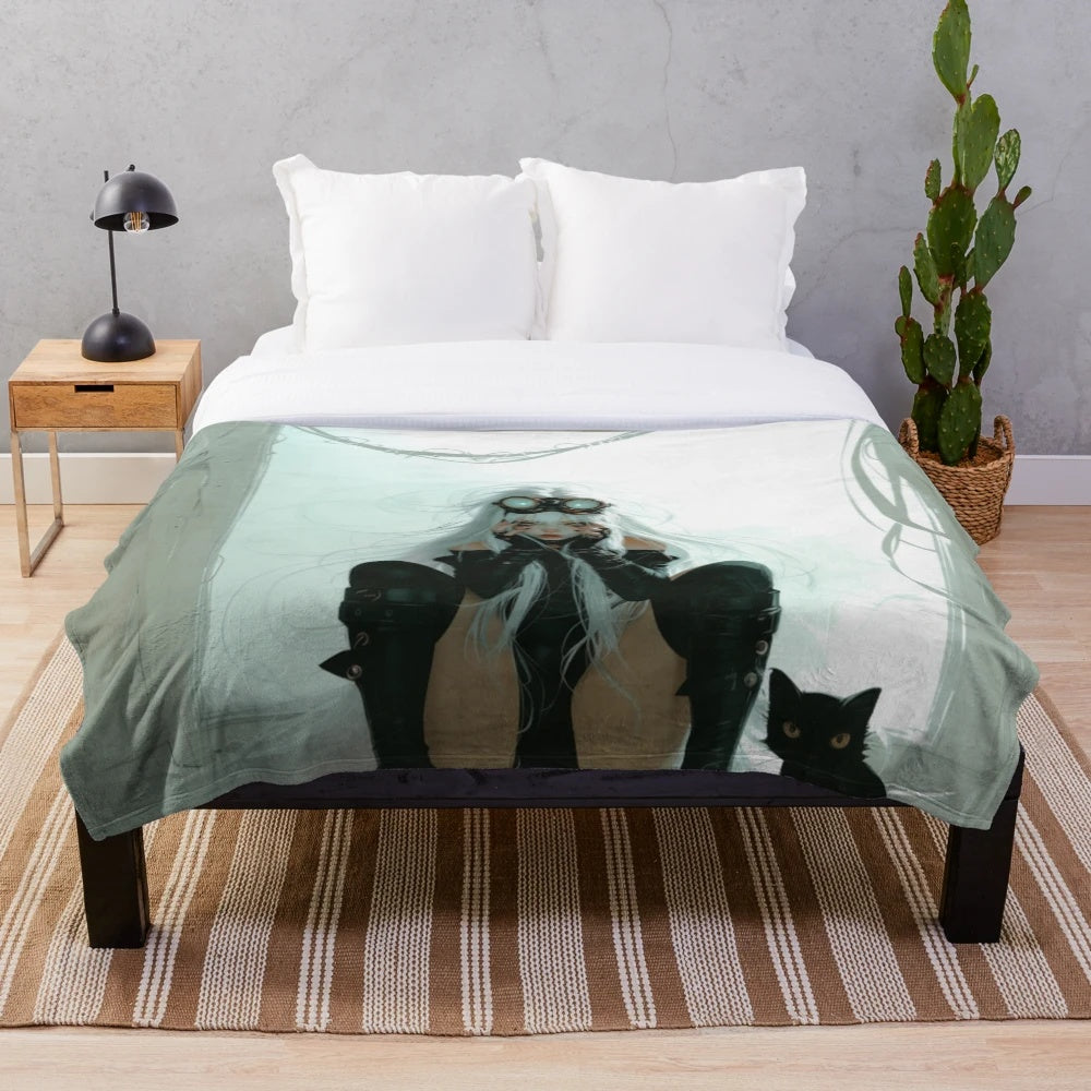 Soft and plush cyberpunk-themed blanket featuring an anime-style girl with white hair