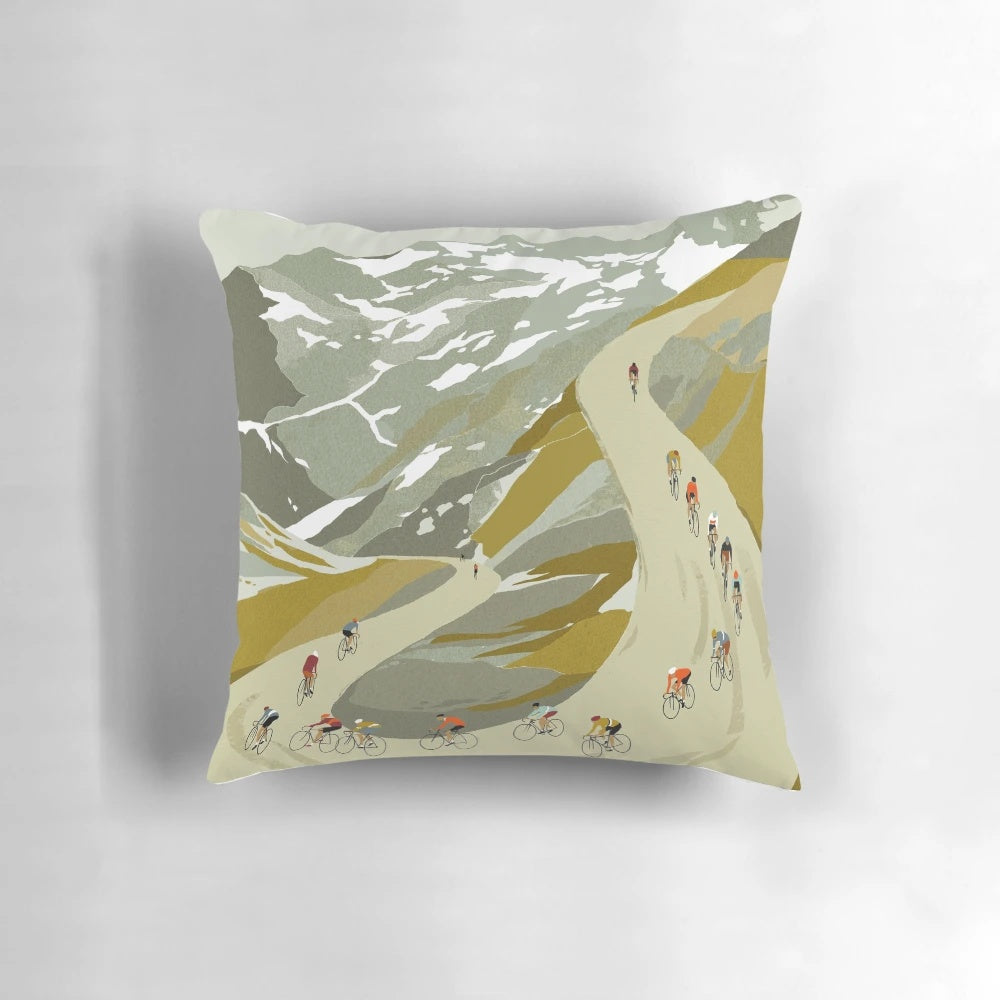 Soft and comfortable cycling-themed pillow with a design of a cyclist riding down a mountain