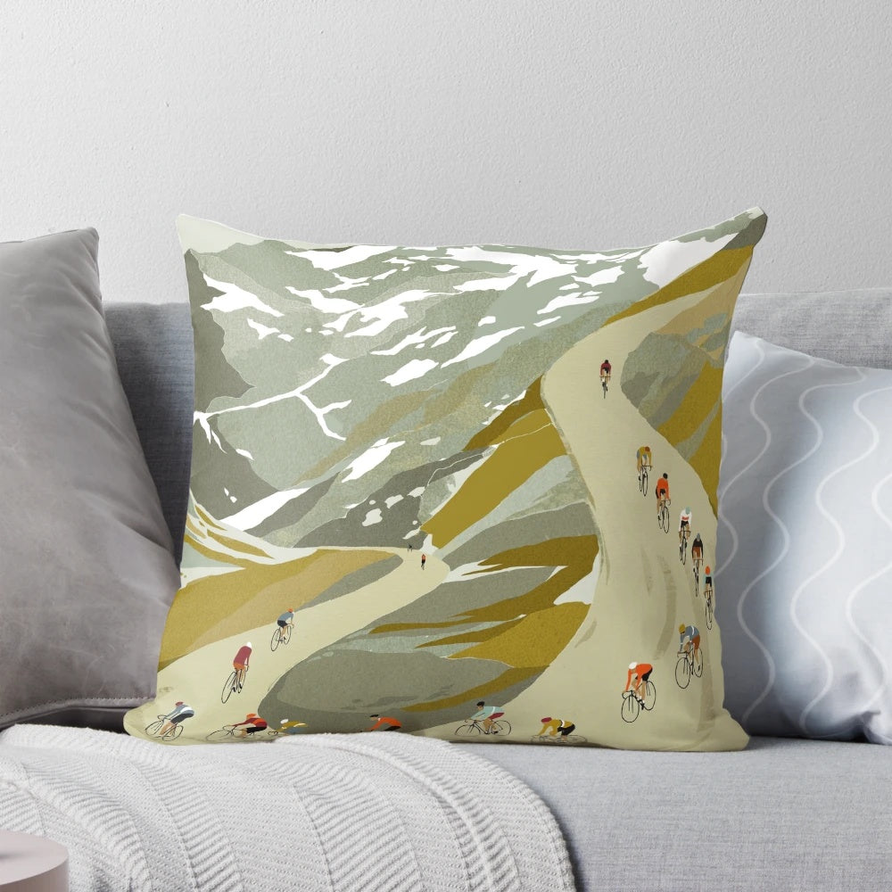 Soft and comfortable cycling-themed pillow with a design of a cyclist riding down a mountain