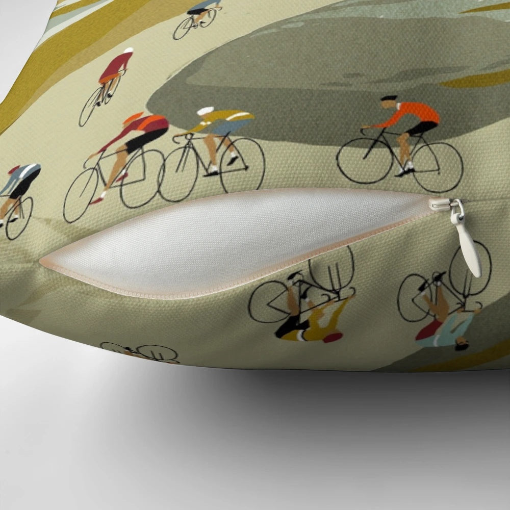 Soft and comfortable cycling-themed pillow with a design of a cyclist riding down a mountain