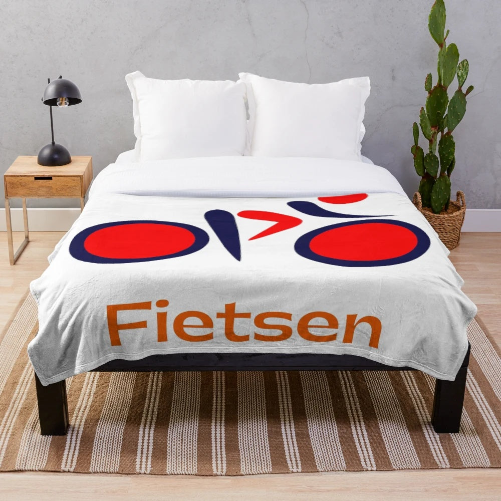 Cycling-themed plush blanket with a vintage, retro design