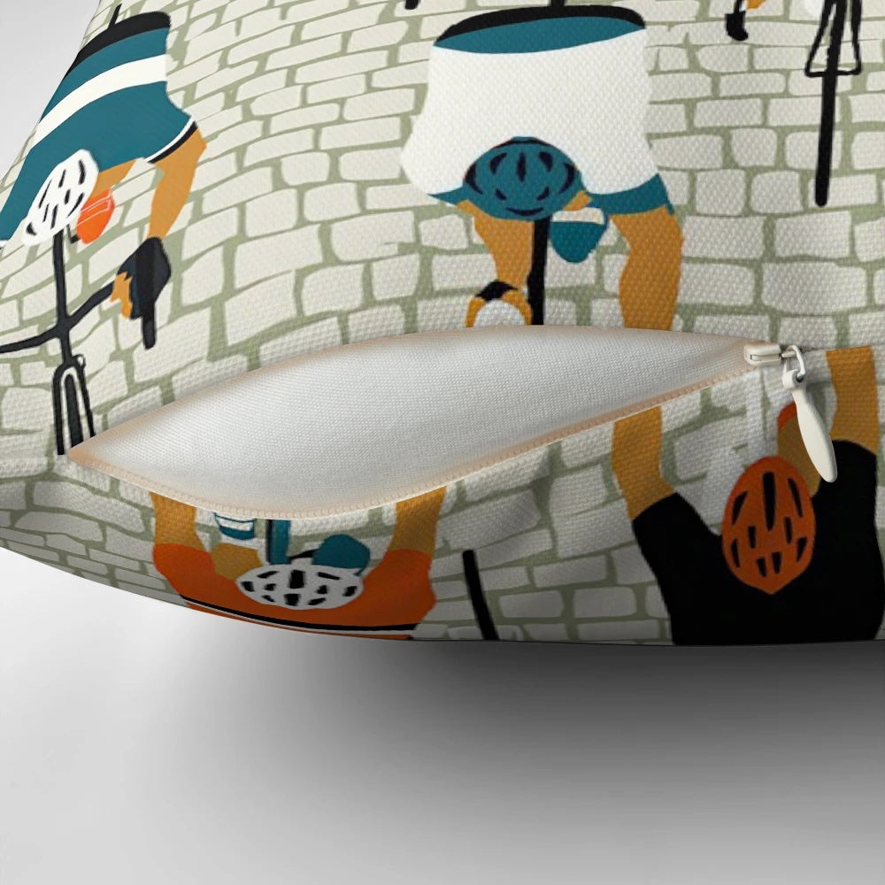 Colorful cycling-themed throw pillow with tile road pattern