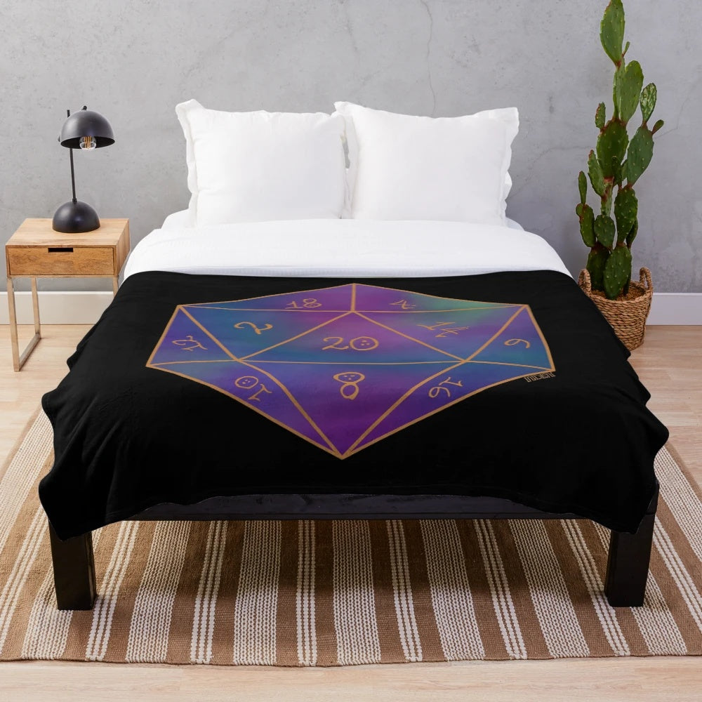 Dungeons and Dragons inspired plush blanket with galaxy and polyhedral dice design