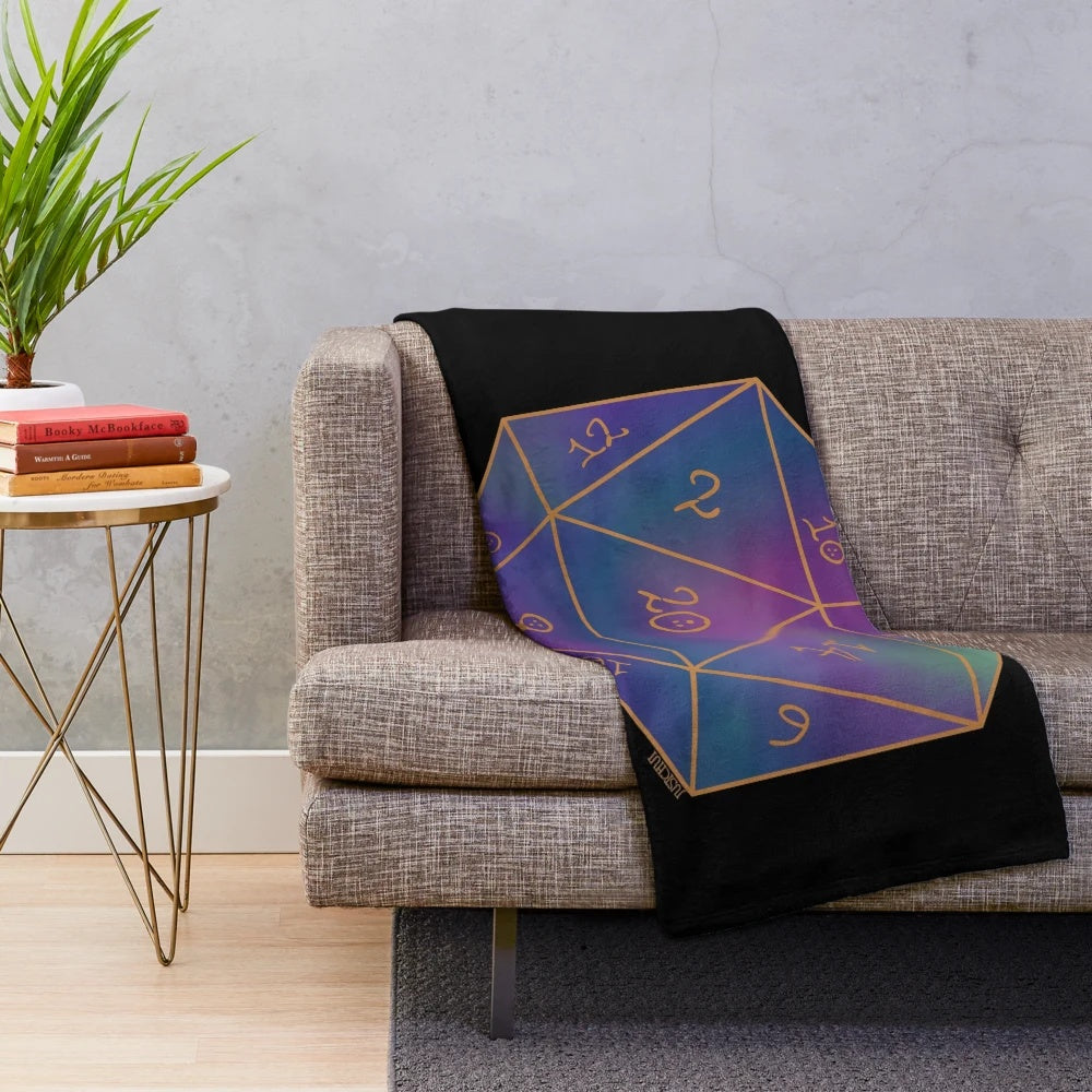 Dungeons and Dragons inspired plush blanket with galaxy and polyhedral dice design