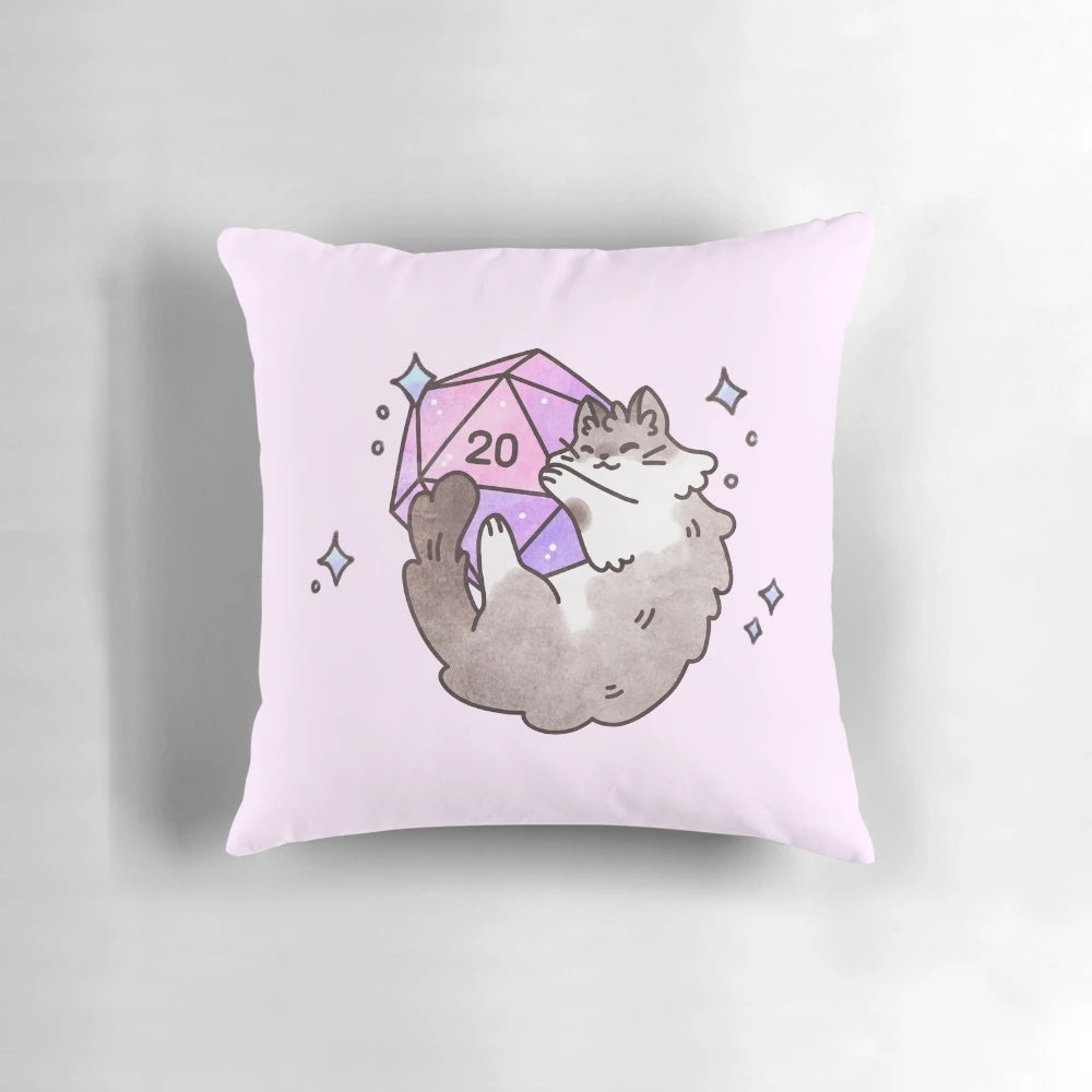 Plush pink cat-shaped pillow featuring a d20 design, perfect for tabletop gaming enthusiasts.