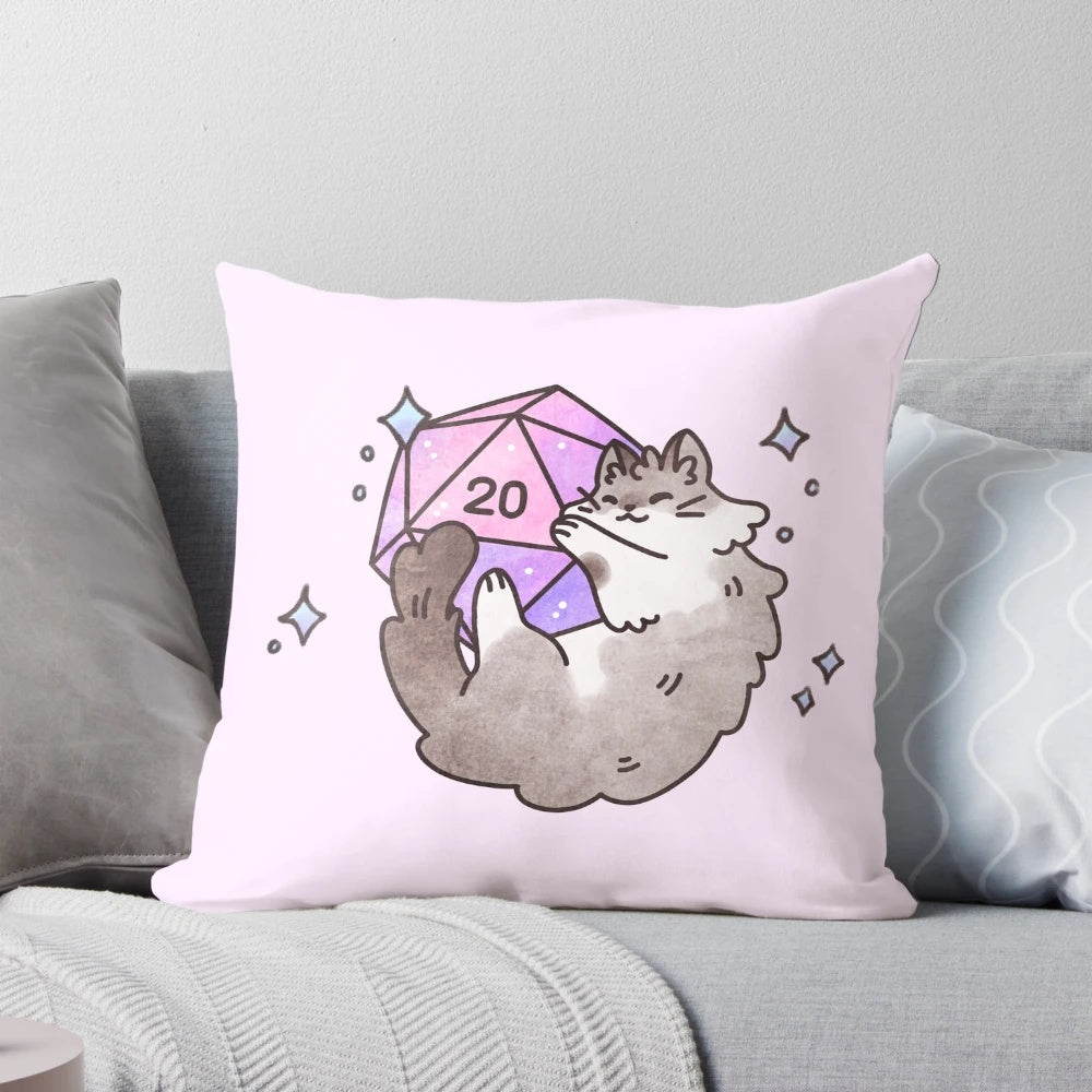 Plush pink cat-shaped pillow featuring a d20 design, perfect for tabletop gaming enthusiasts.