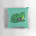 Soft, plush green dragon pillow with a d20 dice pattern, perfect for DnD enthusiasts.