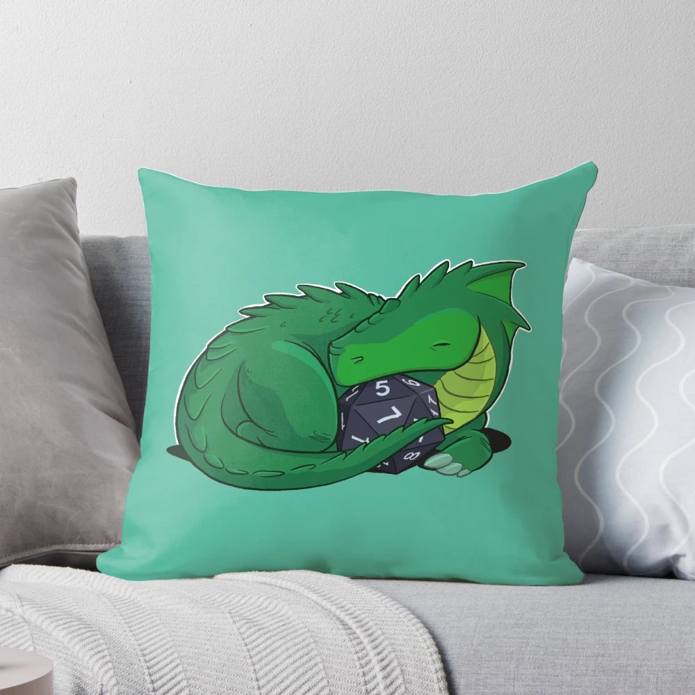 Soft, plush green dragon pillow with a d20 dice pattern, perfect for DnD enthusiasts.