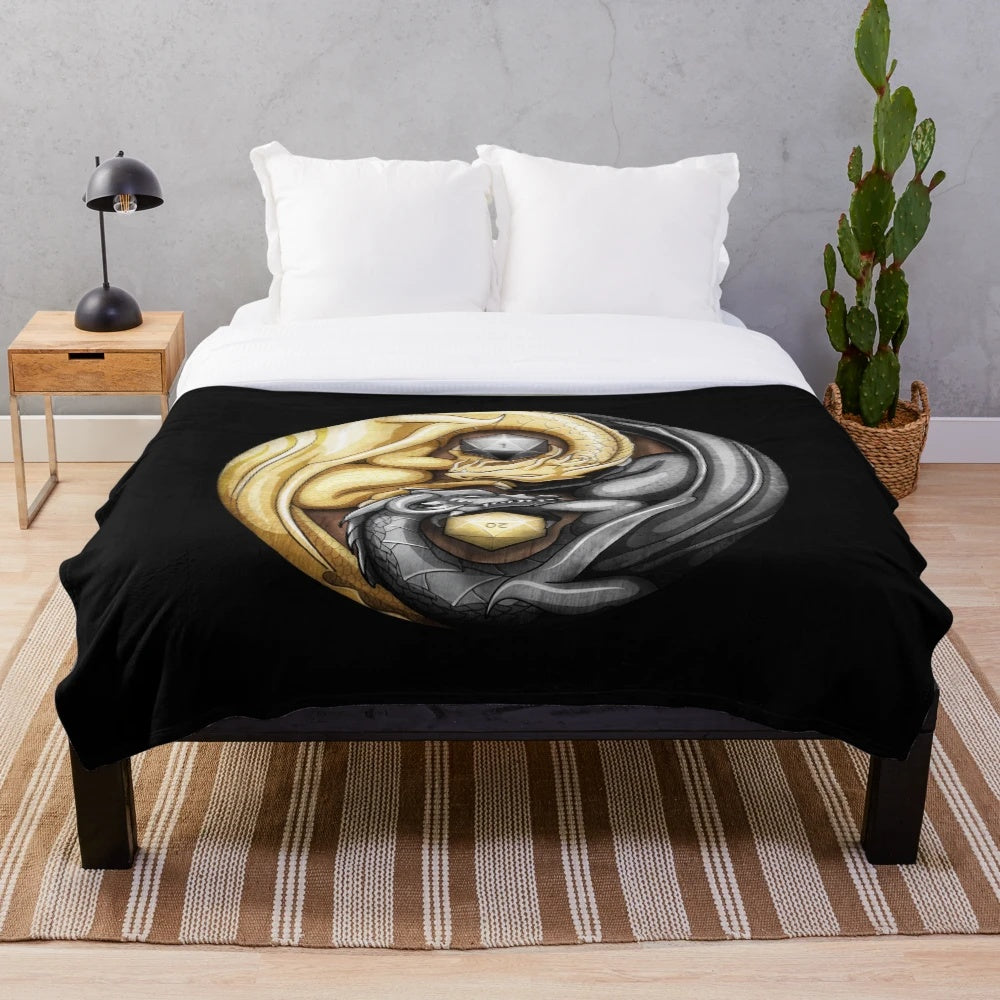 Cozy d20 plush blanket featuring a yin yang dragon design for RPG and fantasy enthusiasts