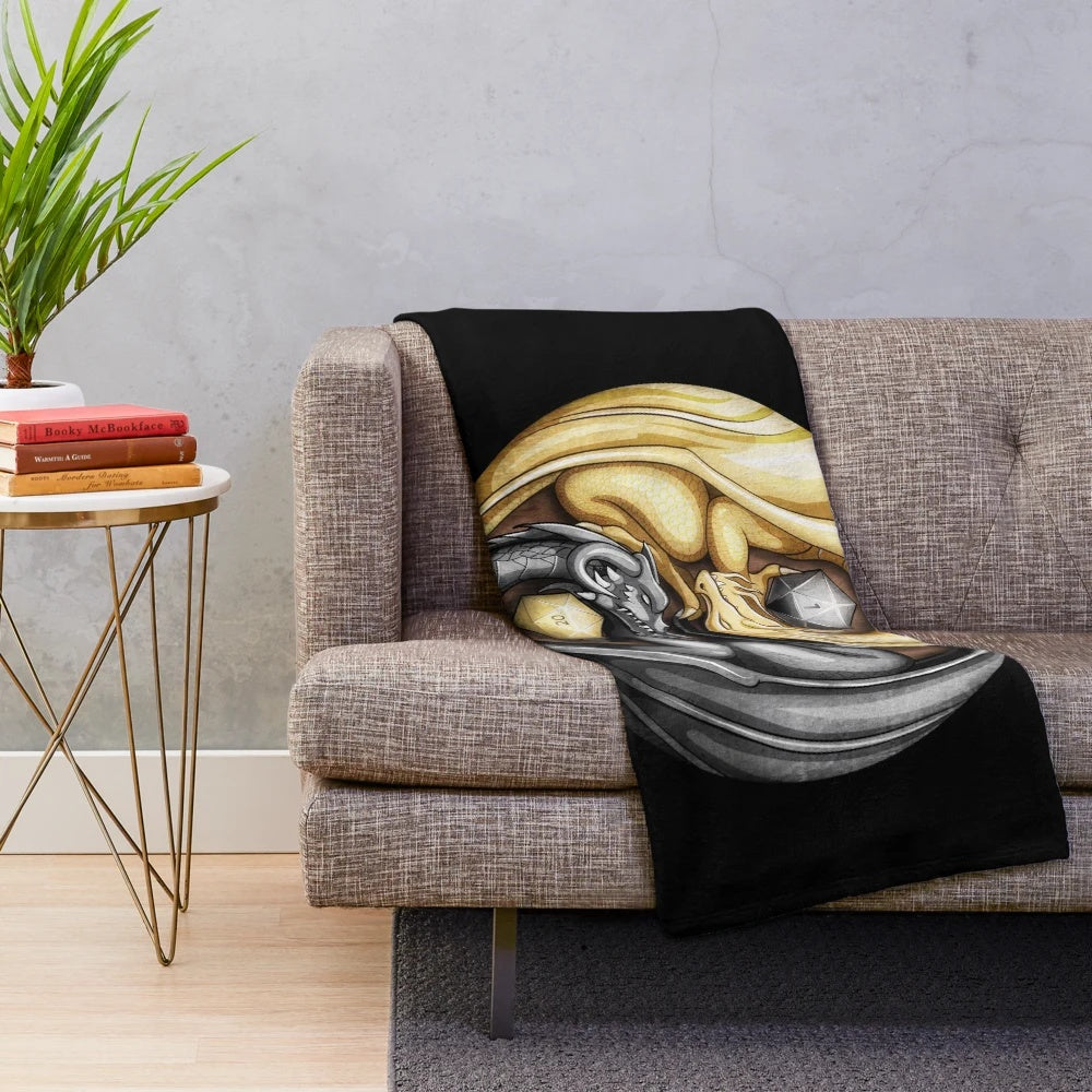 Cozy d20 plush blanket featuring a yin yang dragon design for RPG and fantasy enthusiasts