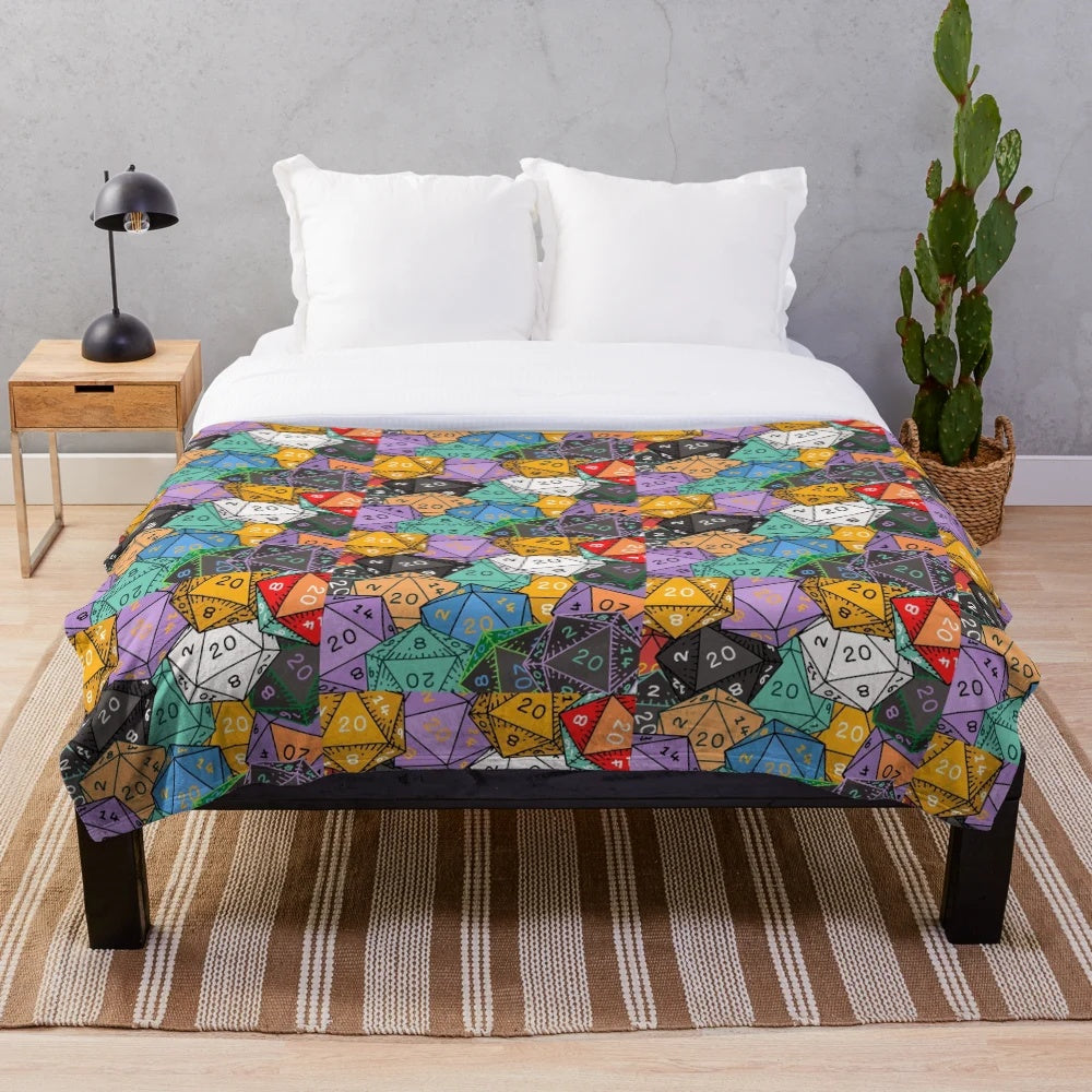 Dungeons and Dragons inspired plush blanket featuring d20 dice and fantasy elements