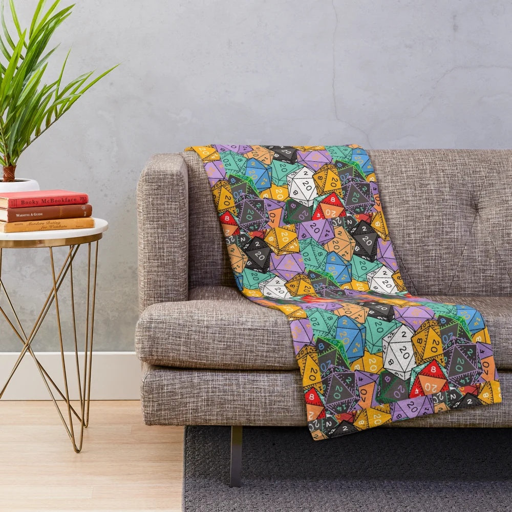 Dungeons and Dragons inspired plush blanket featuring d20 dice and fantasy elements