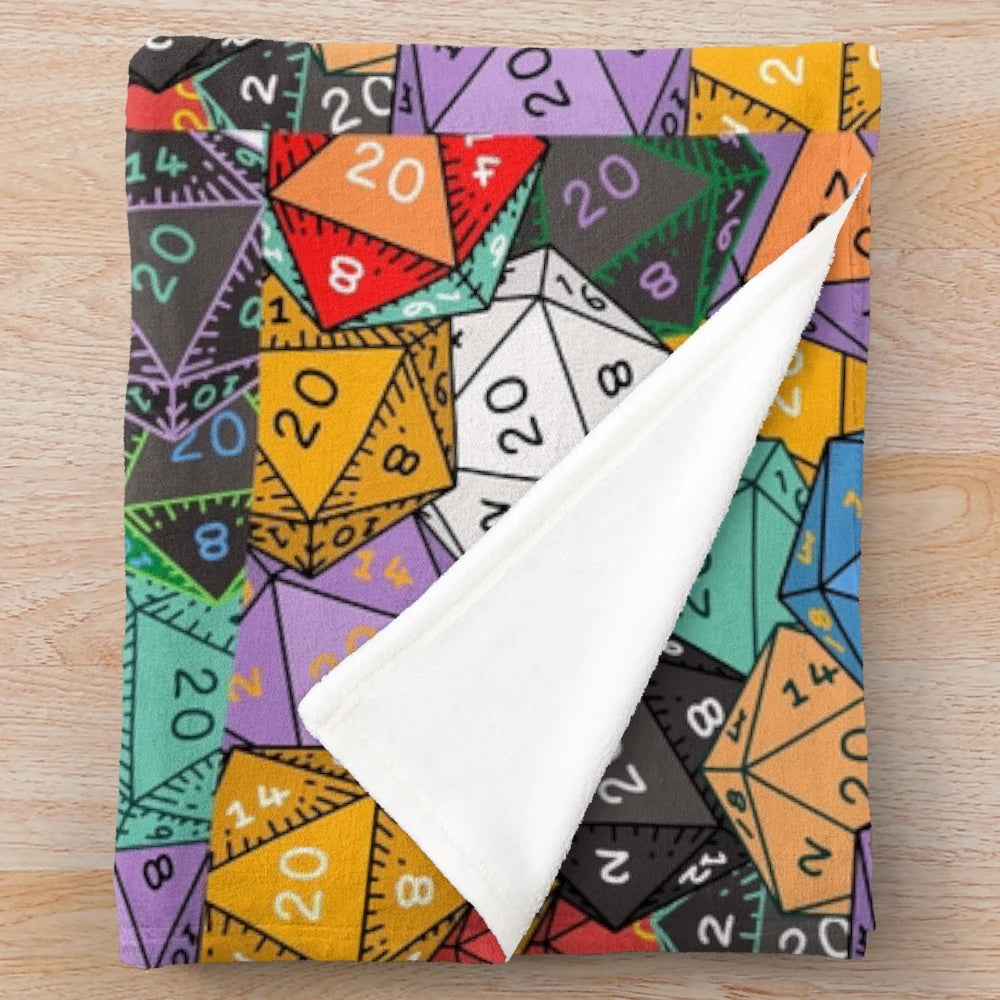 Dungeons and Dragons inspired plush blanket featuring d20 dice and fantasy elements