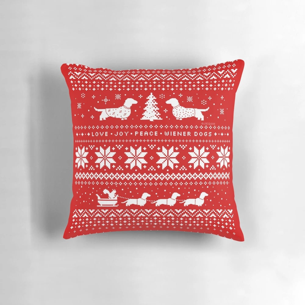 Dachshund dog breed Christmas-themed pillow with a festive knit pattern