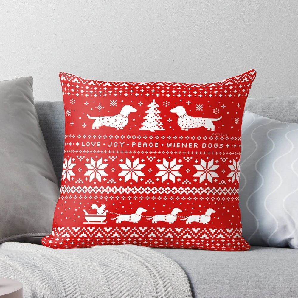 Dachshund dog breed Christmas-themed pillow with a festive knit pattern