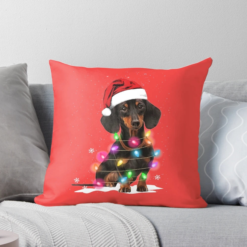 Festive dachshund-themed pillow with Christmas lights, a snow-inspired sweater design, and a soft, plush texture.