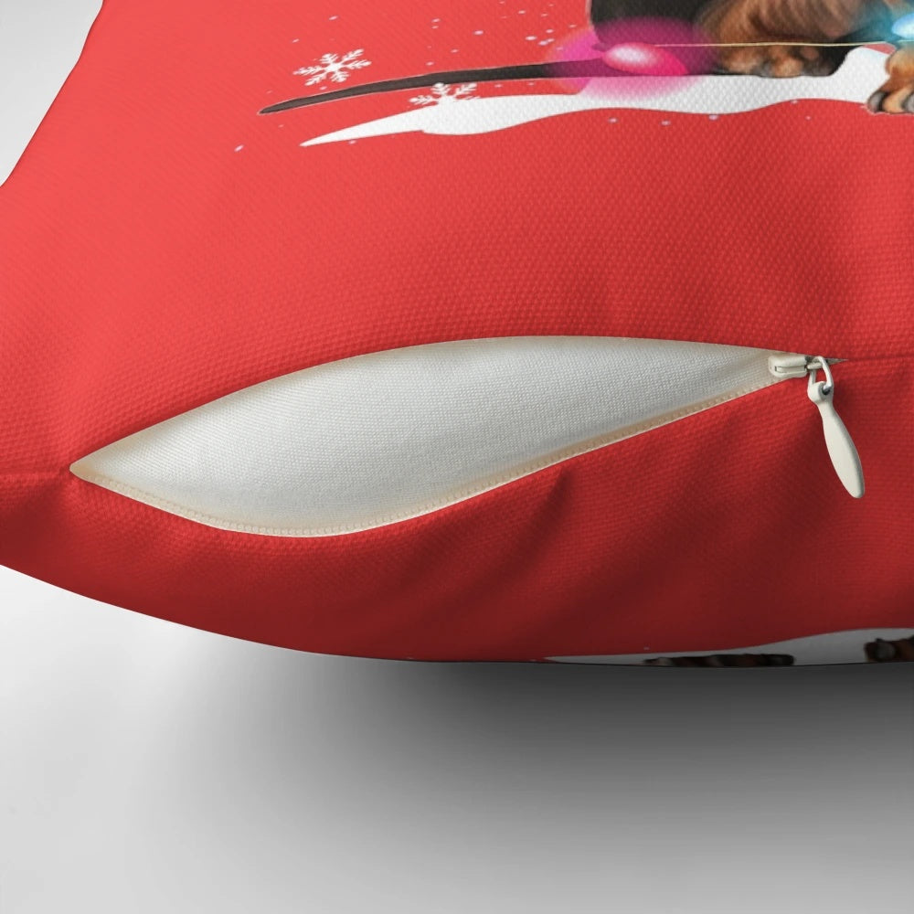 Festive dachshund-themed pillow with Christmas lights, a snow-inspired sweater design, and a soft, plush texture.