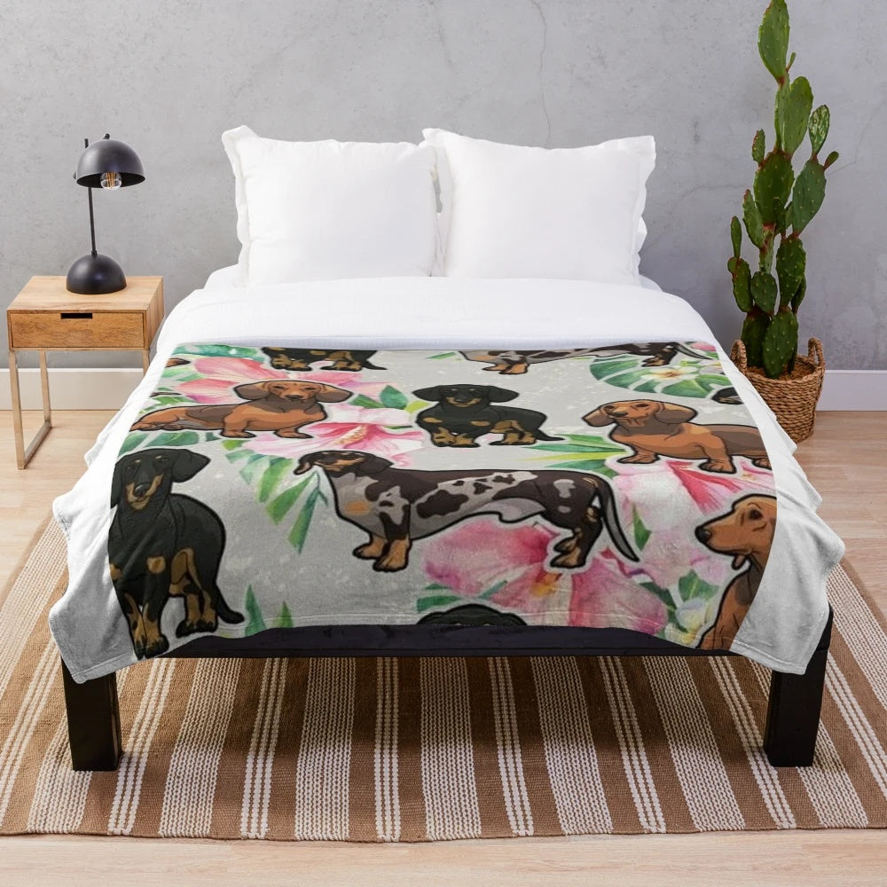 Dachshund dog plush blanket with cute cartoon design