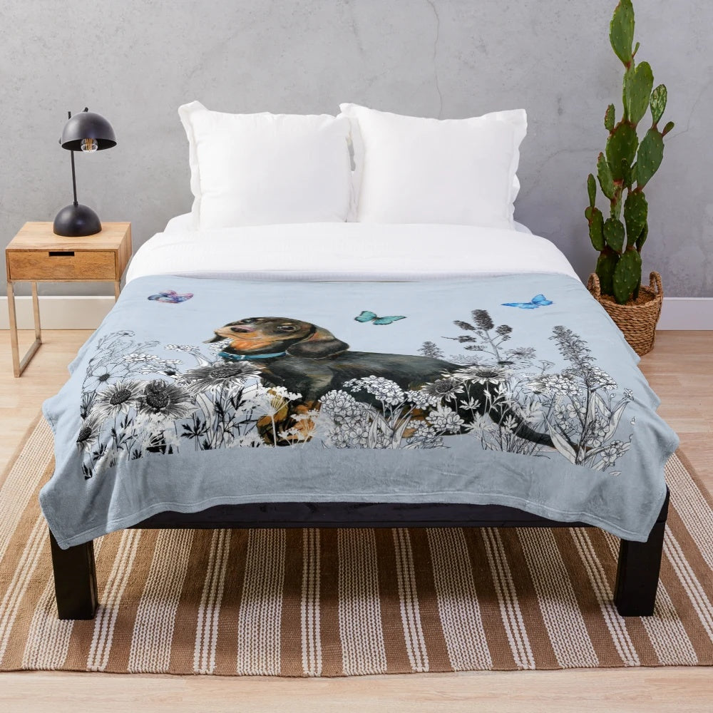 Soft and cuddly dachshund plush blanket with a beautiful floral design