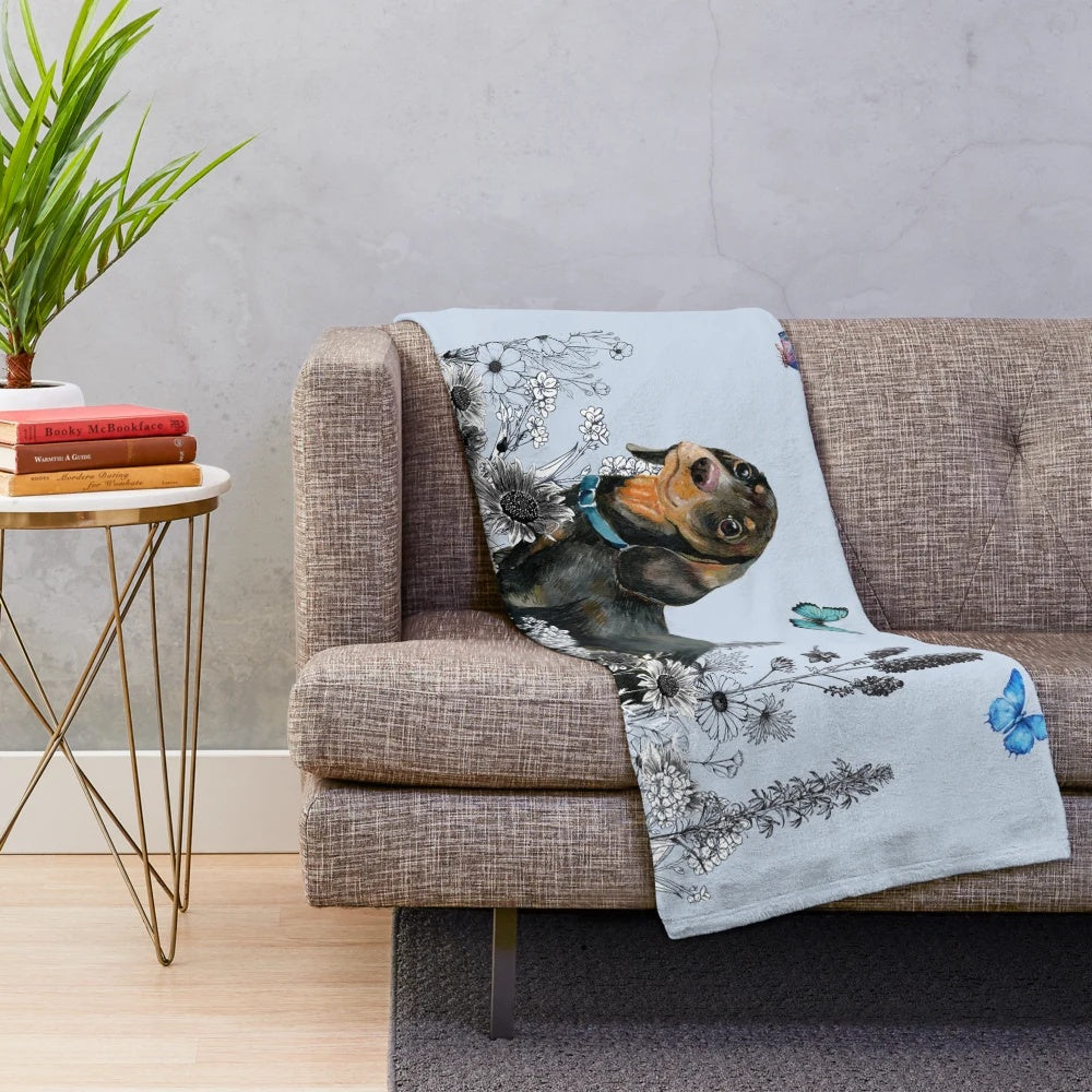 Soft and cuddly dachshund plush blanket with a beautiful floral design