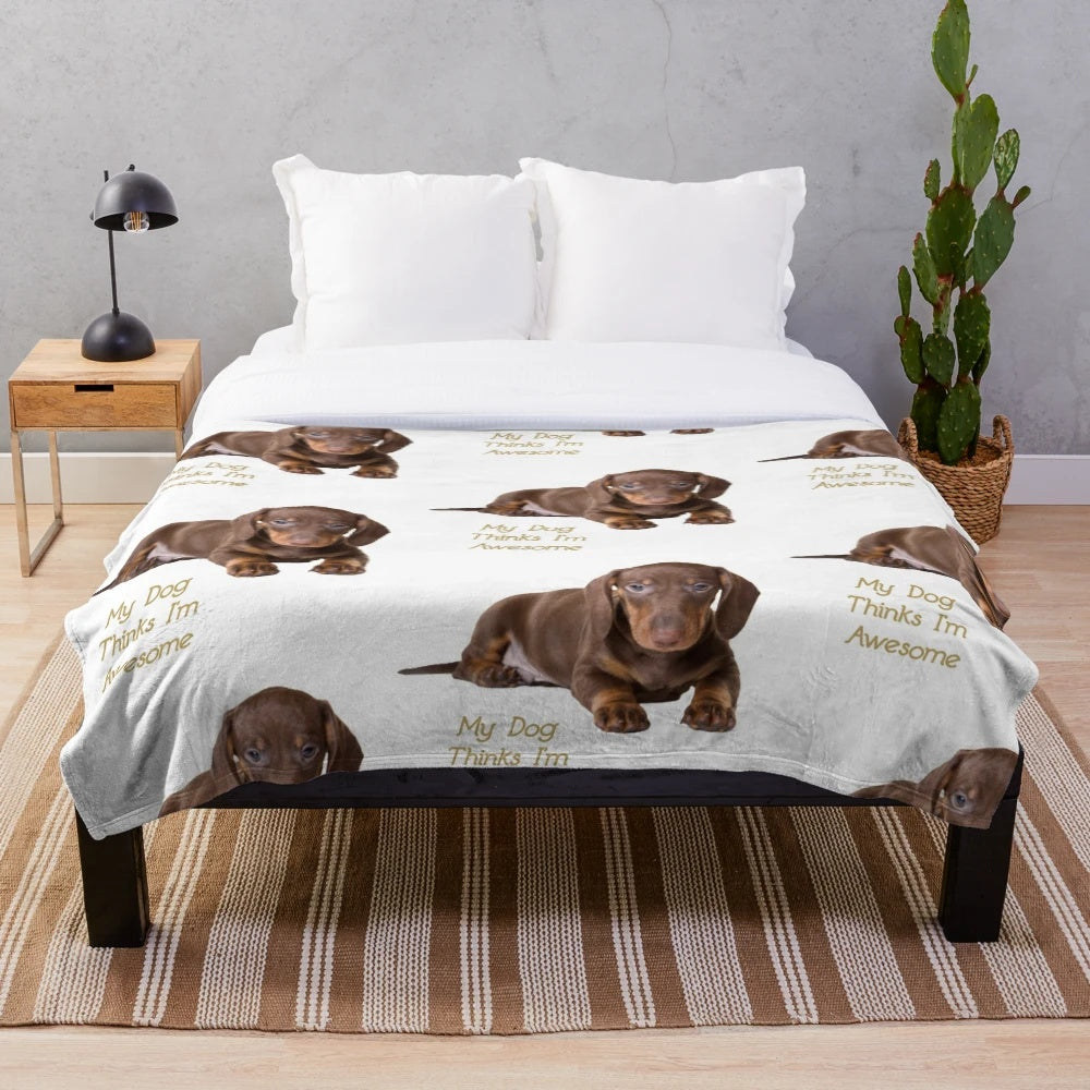 Dachshund plush blanket with brown dog lying on it