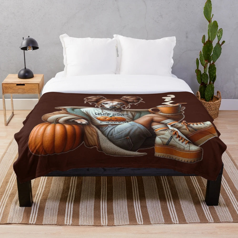 Dachshund plush blanket with autumn-themed "I'm the other Spice Girl-PUMPKIN" design