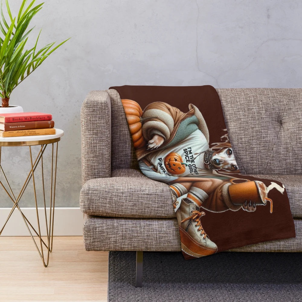 Dachshund plush blanket with autumn-themed "I'm the other Spice Girl-PUMPKIN" design