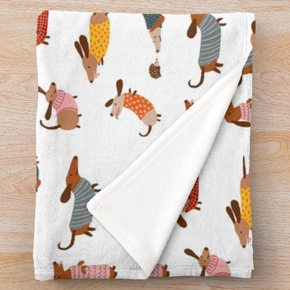 Dachshund dogs wearing winter sweaters on a plush blanket