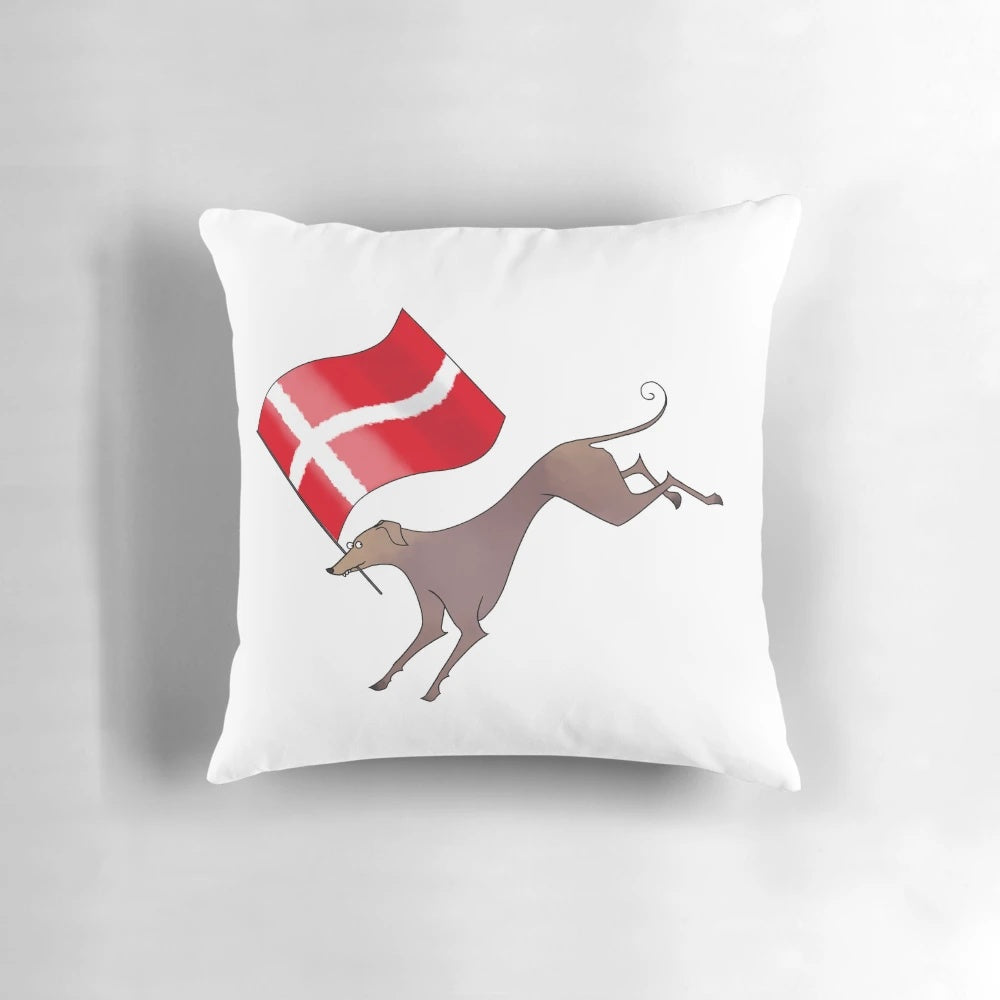 Pillow featuring a playful design of Danish greyhounds and the Danish flag
