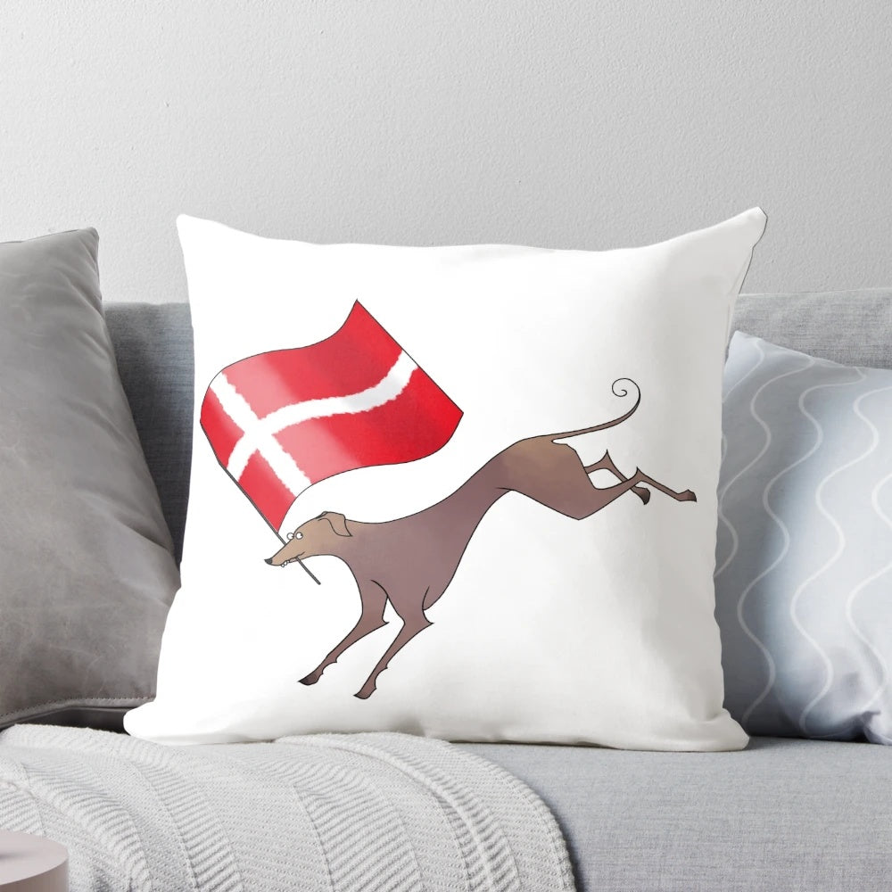 Pillow featuring a playful design of Danish greyhounds and the Danish flag