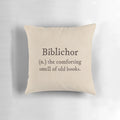 Dark academia-themed pillow with "Biblichor Definition" text