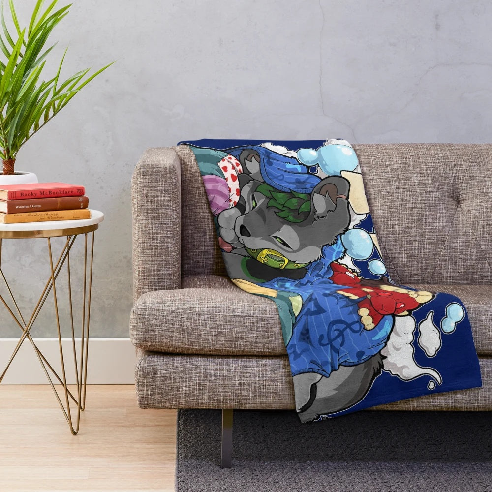 Dark blue plush blanket with a furry, pet-themed design