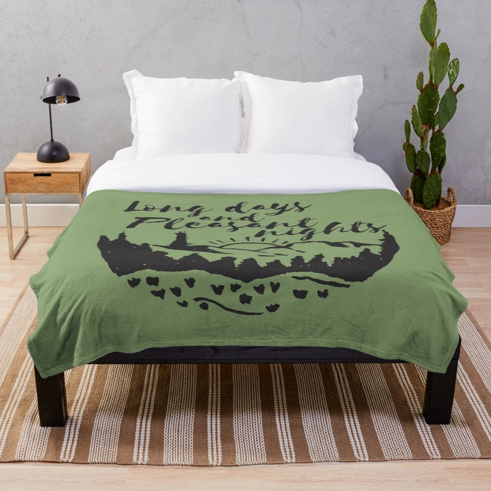 Dark Tower inspired plush blanket with "Long Days and Pleasant Nights" design