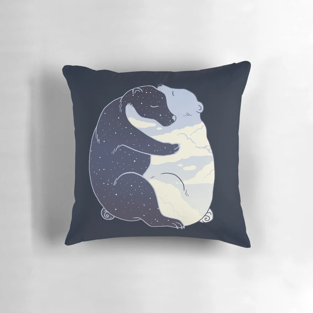 Soft, plush pillow featuring a bear design with day and night imagery, clouds, and stars