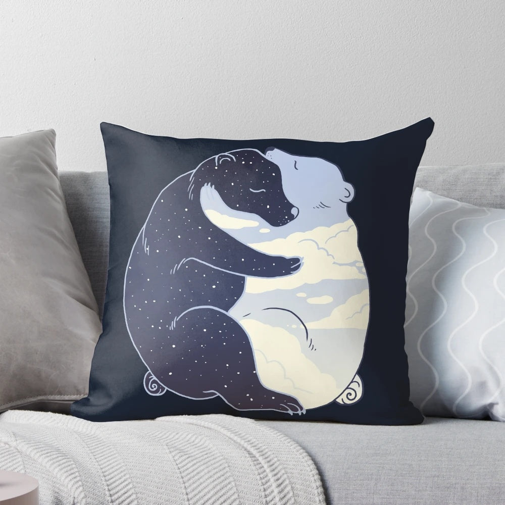 Soft, plush pillow featuring a bear design with day and night imagery, clouds, and stars