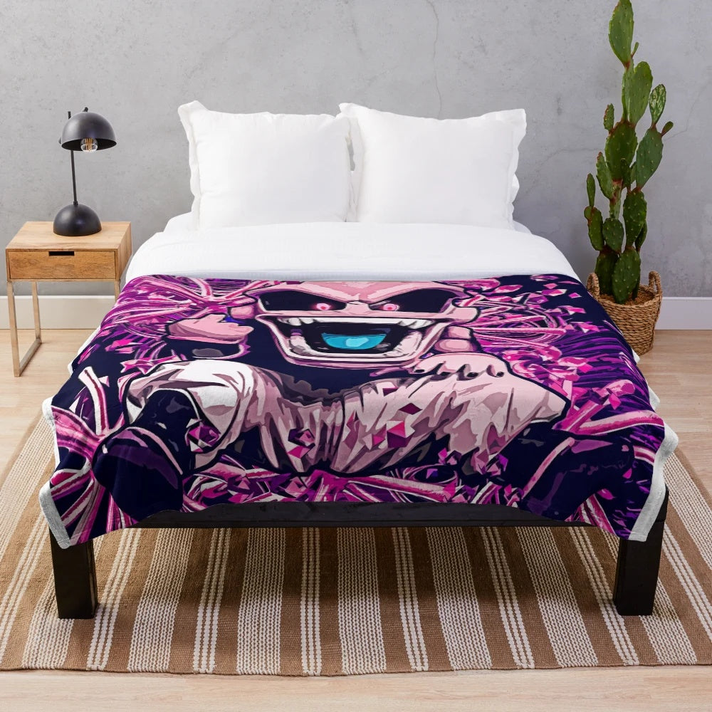 Colorful plush blanket featuring a playful Majin Buu design from the Dragon Ball Z anime series