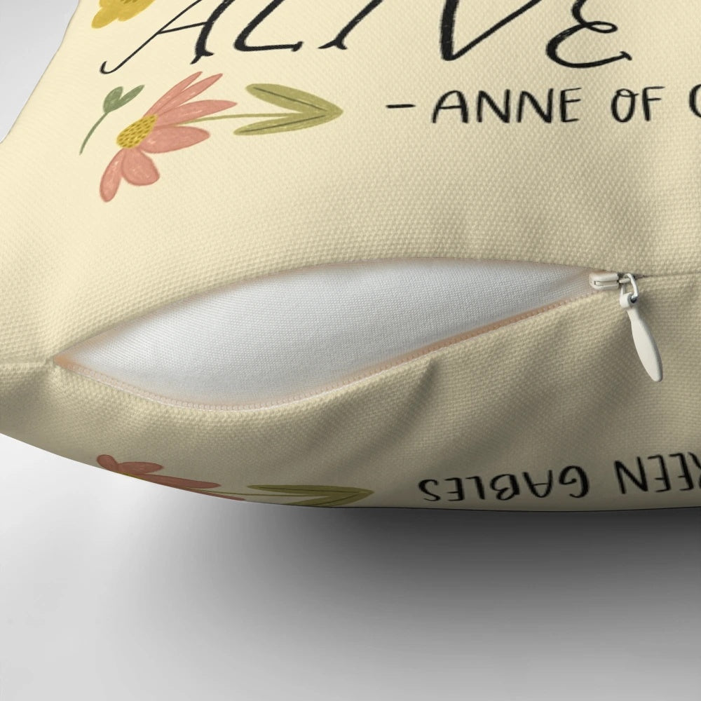Anne of Green Gables inspired decorative throw pillow with 'Dear Old World' quote and floral design