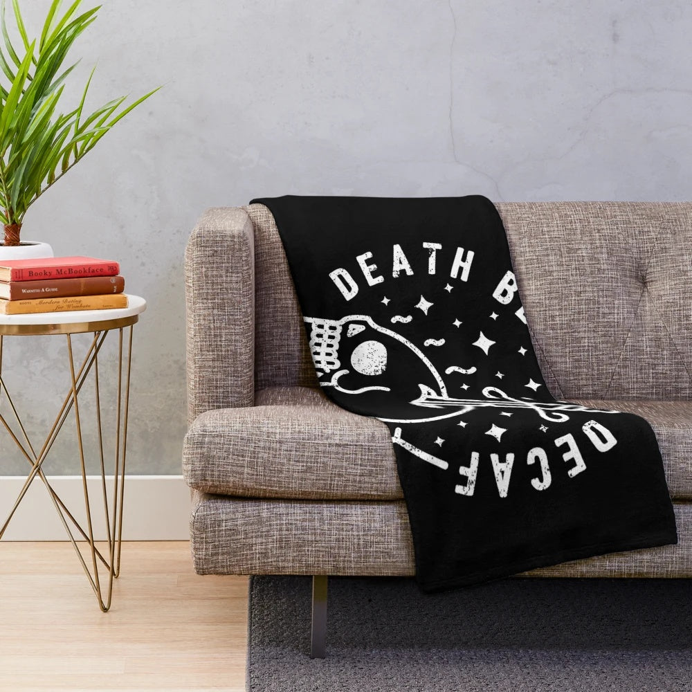 Death Before Decaf" plush blanket featuring a skull and coffee design